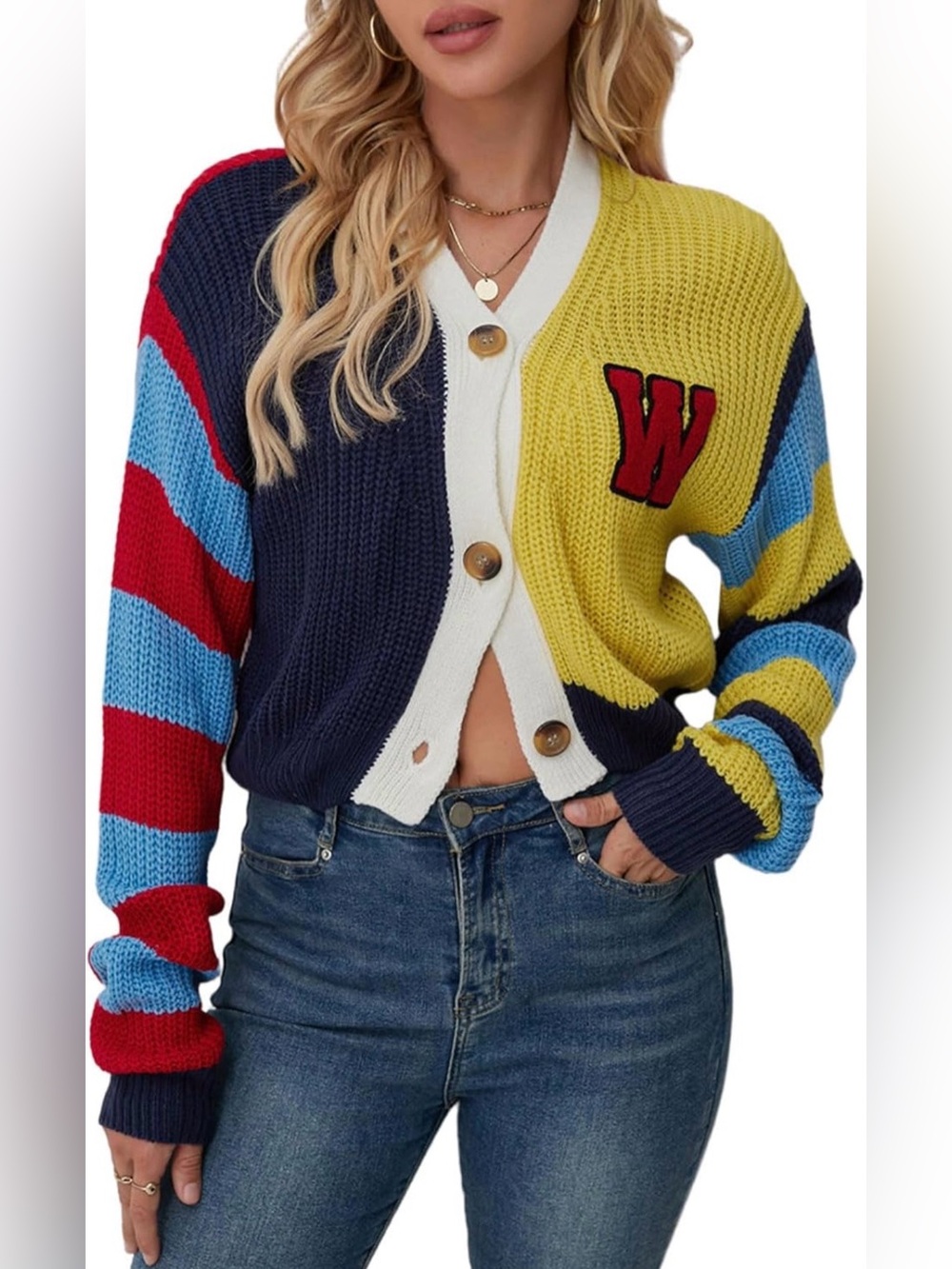 Colorful Letter Cable Knit Sweaters Cardigan V Neck Button Down Color Block Y2k